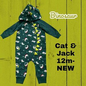 NEW-Cat & Jack 12 Month Baby Holiday Christmas DINOSAUR Hooded Outfit 1PC
